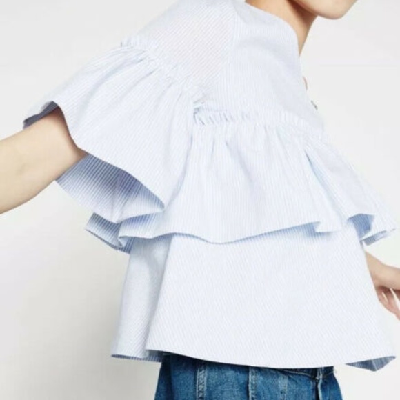 New ZARA Off The Shoulder Asymmetric Blue Striped Ruffled Poplin Top Blouse - Picture 12 of 16